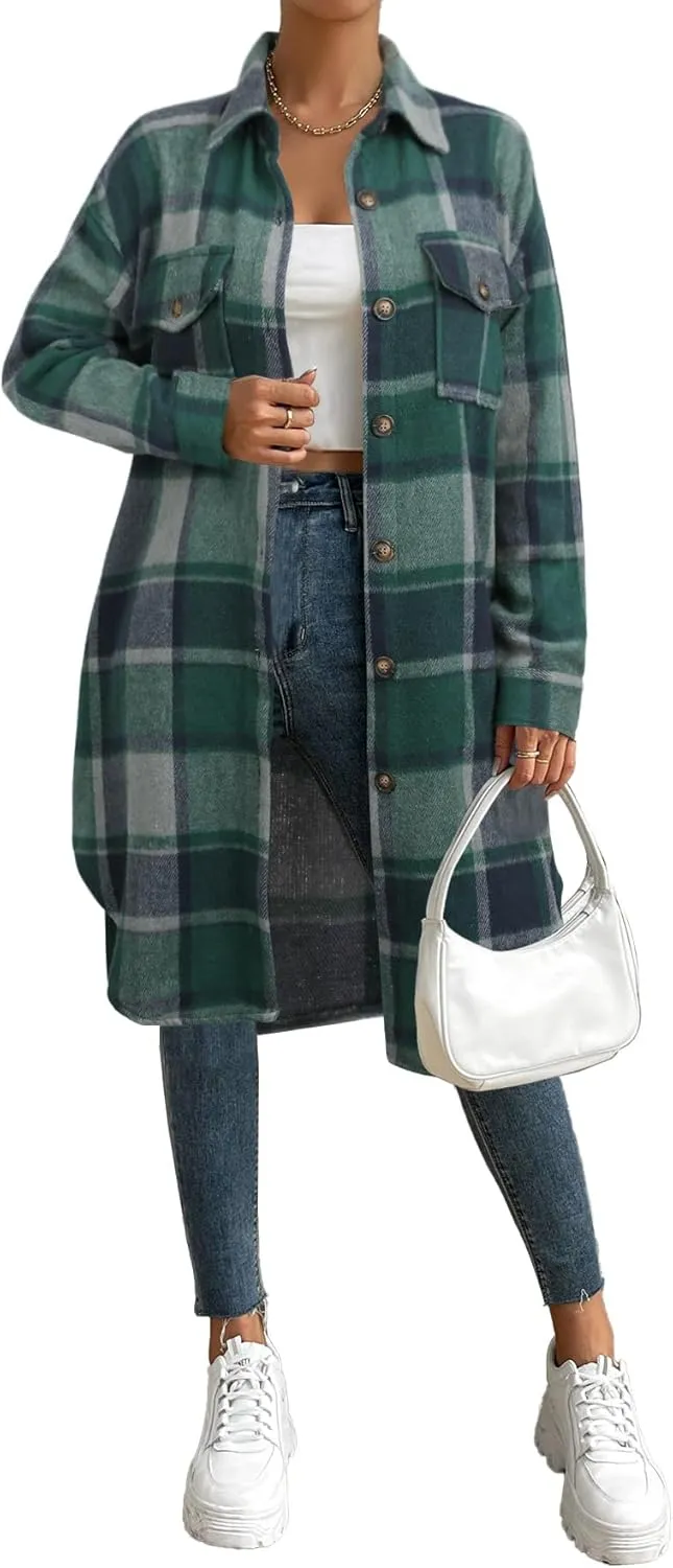 NIeyook Plaid Shacket Jacket Women Button Down Long Flannel Shirt Fall Oversized Jackets Casual Shaket Lapel Winter Coats