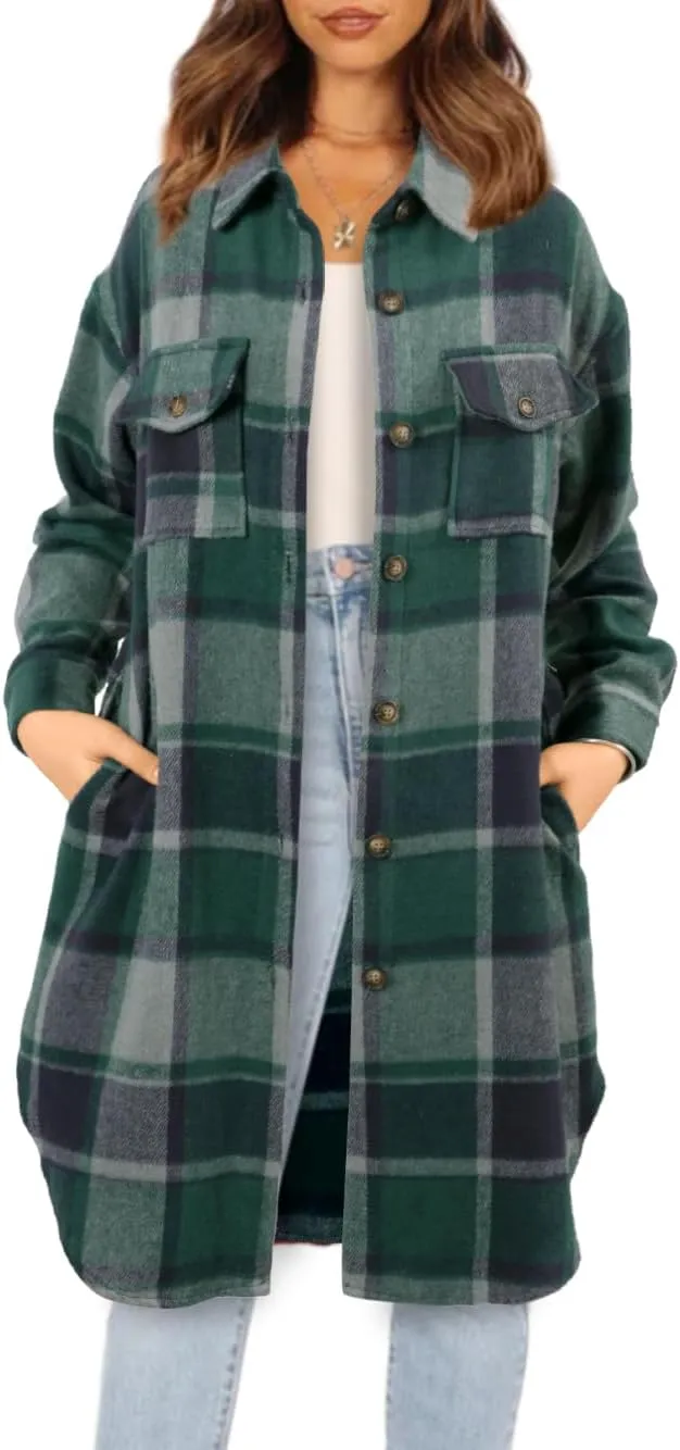 NIeyook Plaid Shacket Jacket Women Button Down Long Flannel Shirt Fall Oversized Jackets Casual Shaket Lapel Winter Coats