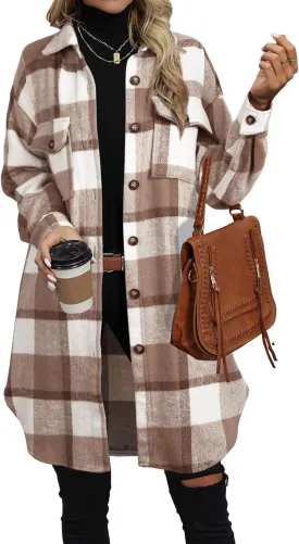 NIeyook Plaid Shacket Jacket Women Button Down Long Flannel Shirt Fall Oversized Jackets Casual Shaket Lapel Winter Coats