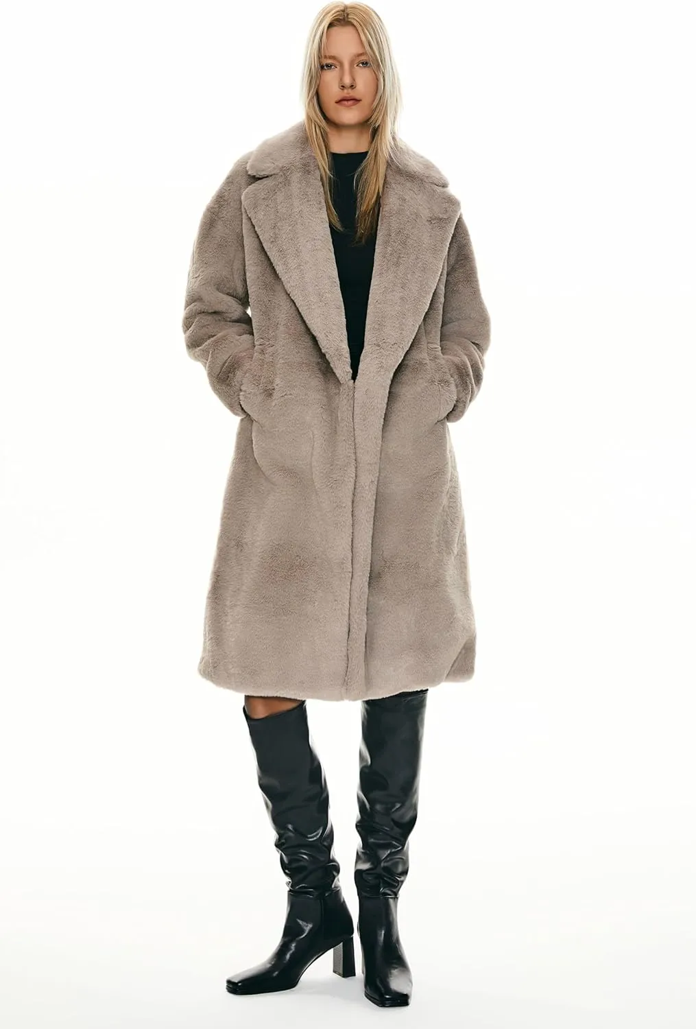 Orolay Women's Fuzzy Fleece Winter Jacket Faux Fur Lapel Coat Mid-Length Sherpa Teddy Coat