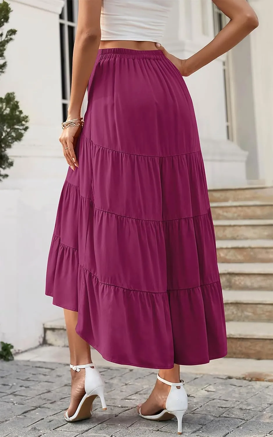 PRETTYGARDEN Women's Ditzy Floral Print Midi Skirt Boho Elastic High Waist Long Skirts for Women Trendy High Low Hem