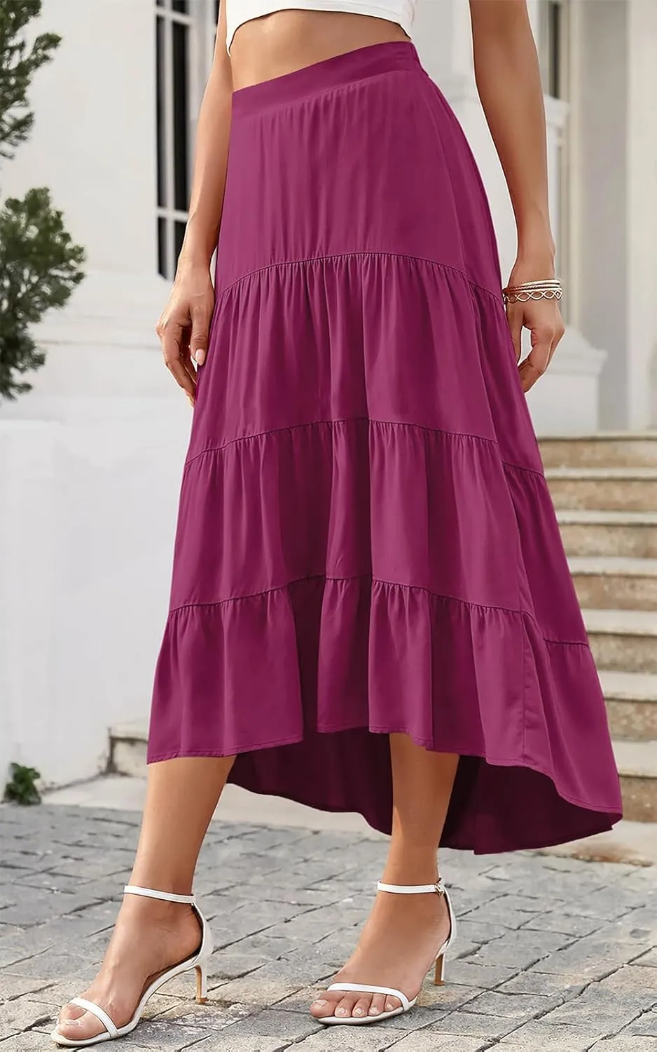 PRETTYGARDEN Women's Ditzy Floral Print Midi Skirt Boho Elastic High Waist Long Skirts for Women Trendy High Low Hem