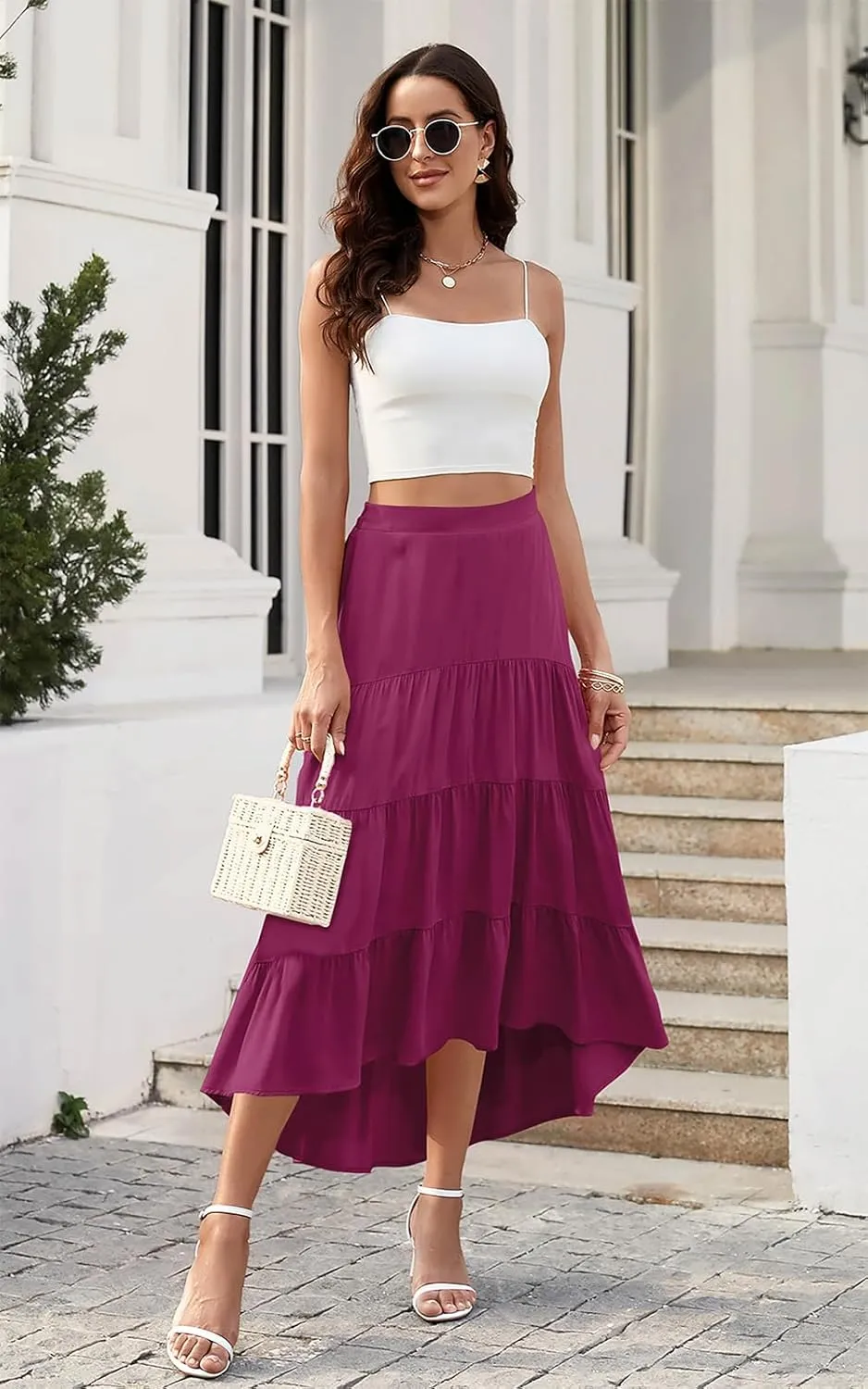 PRETTYGARDEN Women's Ditzy Floral Print Midi Skirt Boho Elastic High Waist Long Skirts for Women Trendy High Low Hem