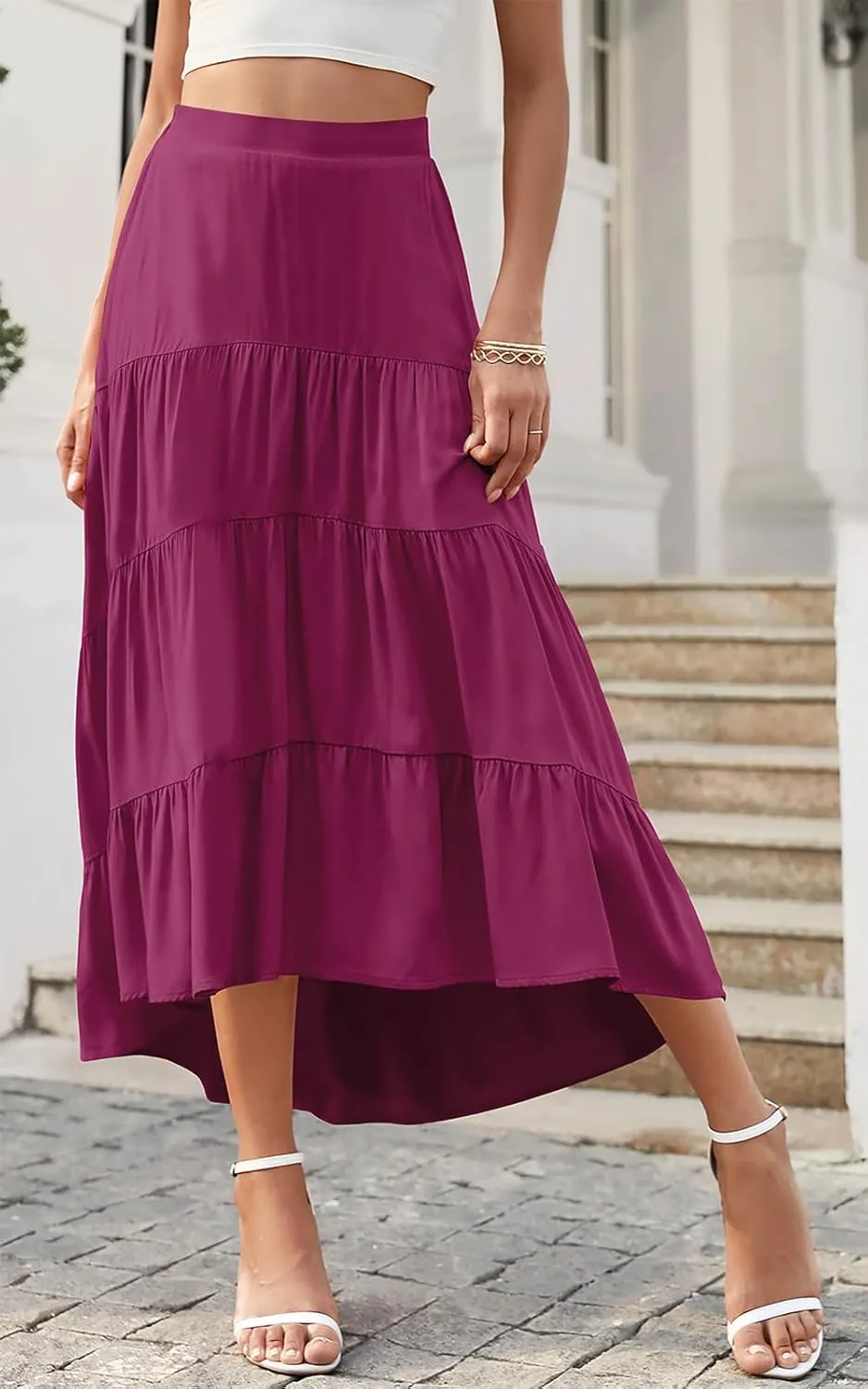 PRETTYGARDEN Women's Ditzy Floral Print Midi Skirt Boho Elastic High Waist Long Skirts for Women Trendy High Low Hem