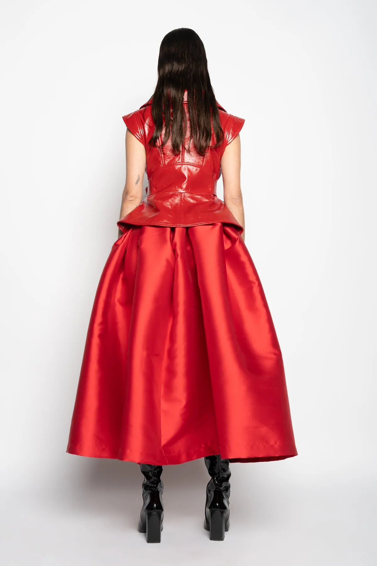 RED HIGH WAIST PLEATED FULL SKIRT