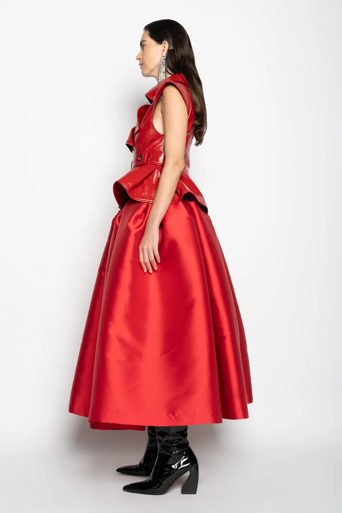 RED HIGH WAIST PLEATED FULL SKIRT
