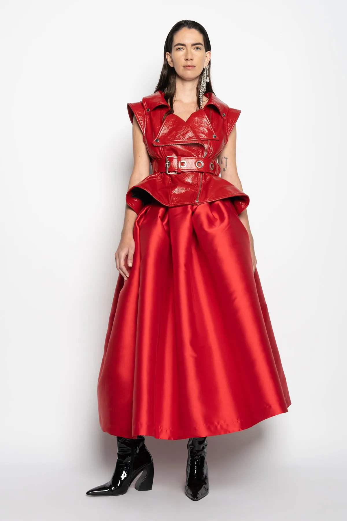 RED HIGH WAIST PLEATED FULL SKIRT