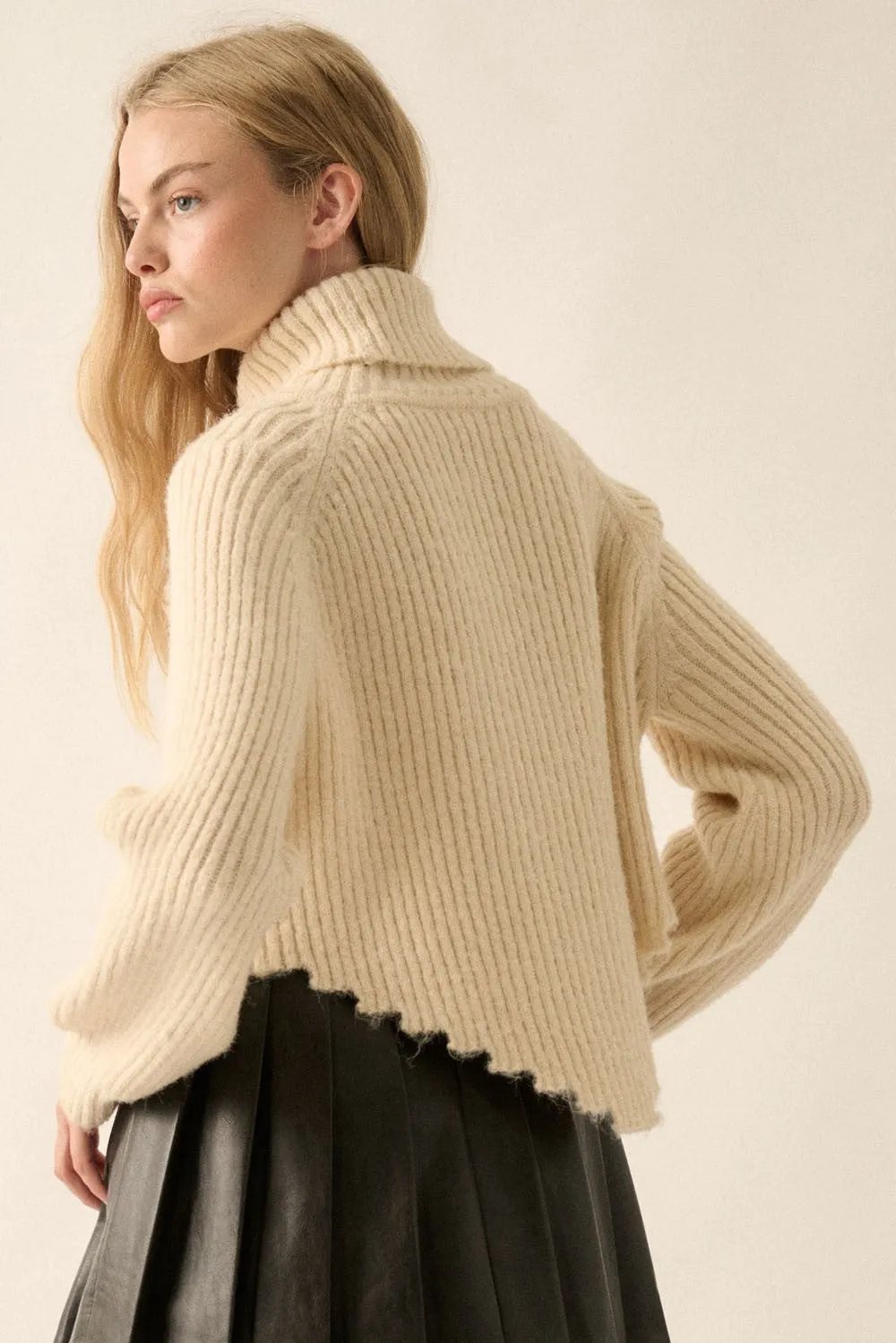 Rib Knit Bandana Hem Turtleneck Sweater