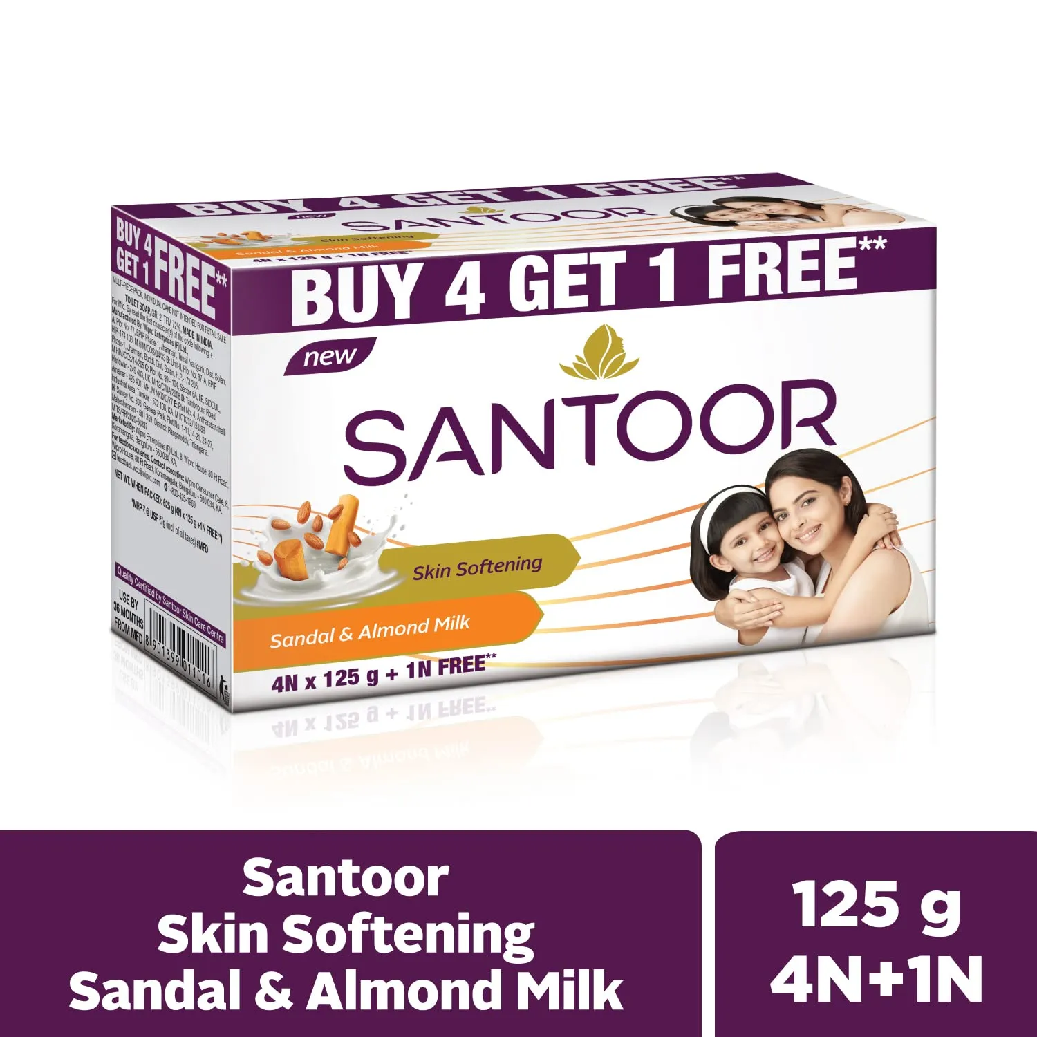 Santoor Sandal and Almond Milk Soap (Buy 4 Get 1 Free 125g each)