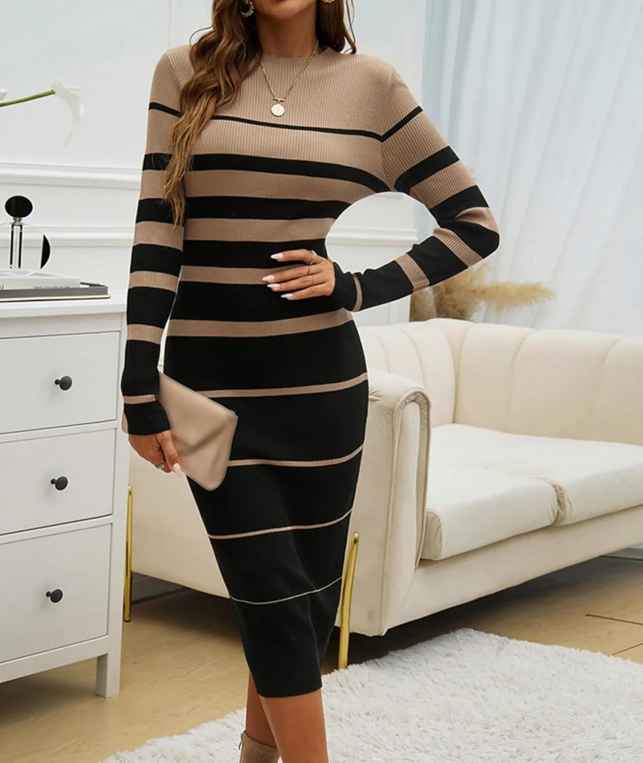 Sexyshine Women's Crewneck Striped Bodycon Sweater Dress Long Sleeve Colorblock Ribbed Knitted Slim Fit Long Pencil Dresses