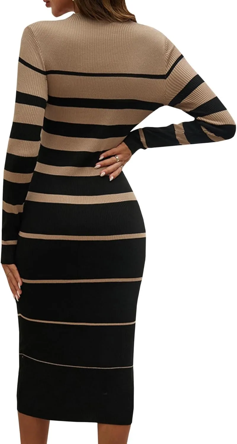 Sexyshine Women's Crewneck Striped Bodycon Sweater Dress Long Sleeve Colorblock Ribbed Knitted Slim Fit Long Pencil Dresses