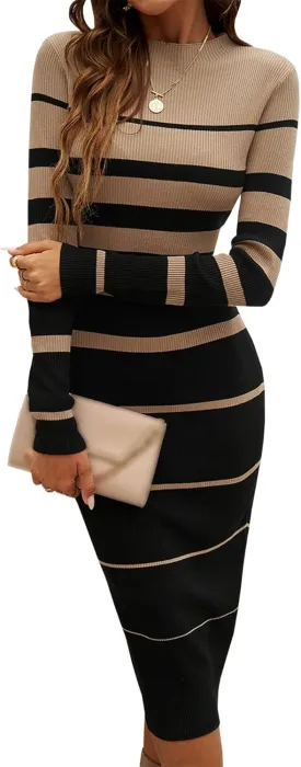 Sexyshine Women's Crewneck Striped Bodycon Sweater Dress Long Sleeve Colorblock Ribbed Knitted Slim Fit Long Pencil Dresses