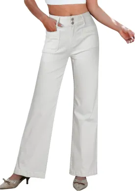 Sidefeel Women's Wide Leg Jeans High Waisted Tummy Control Stretchy Pockets Front Straight Leg Jeans