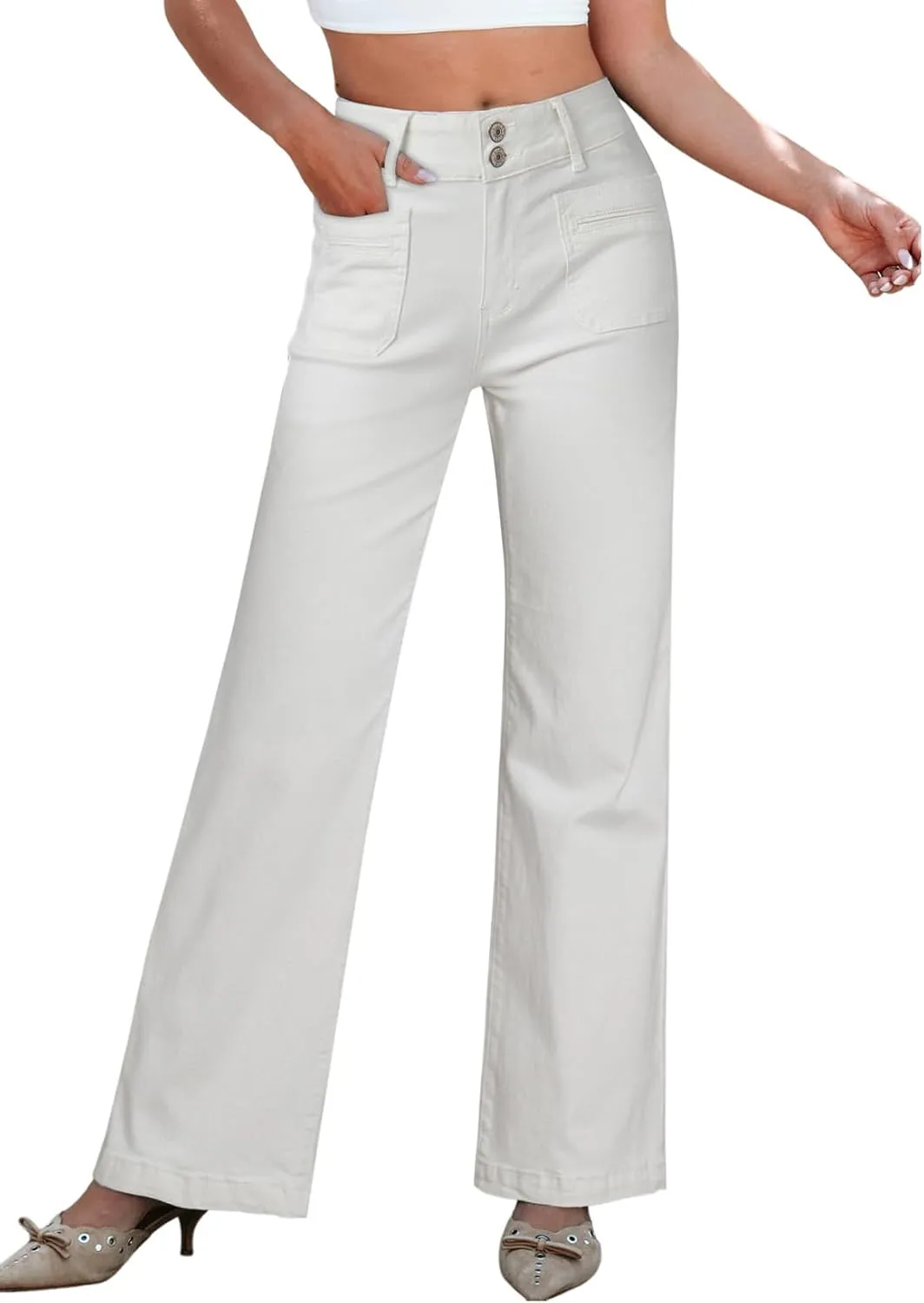 Sidefeel Women's Wide Leg Jeans High Waisted Tummy Control Stretchy Pockets Front Straight Leg Jeans