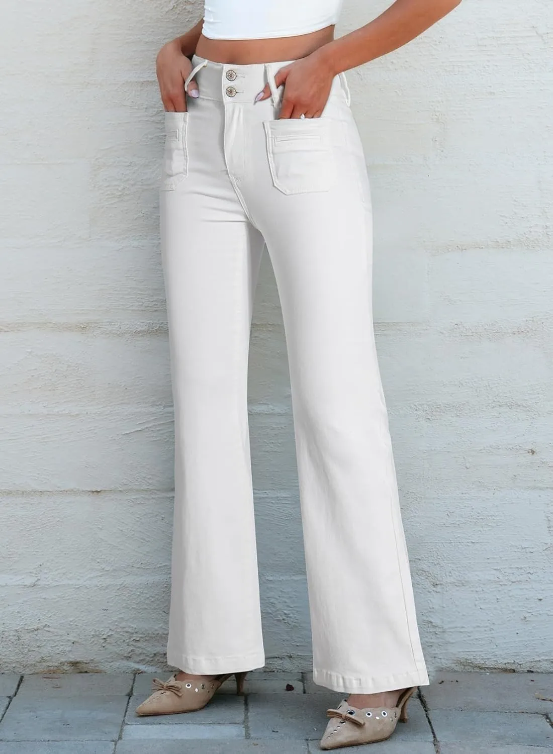 Sidefeel Women's Wide Leg Jeans High Waisted Tummy Control Stretchy Pockets Front Straight Leg Jeans