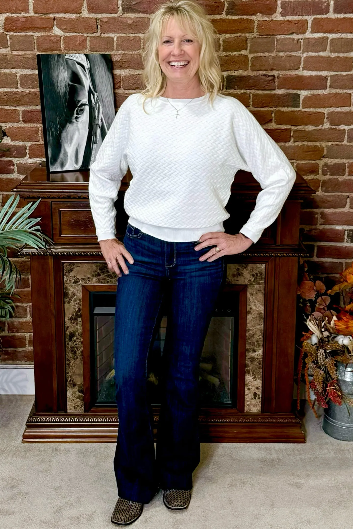 Soft Dolman Sleeved Herringbone Pullover Off White
