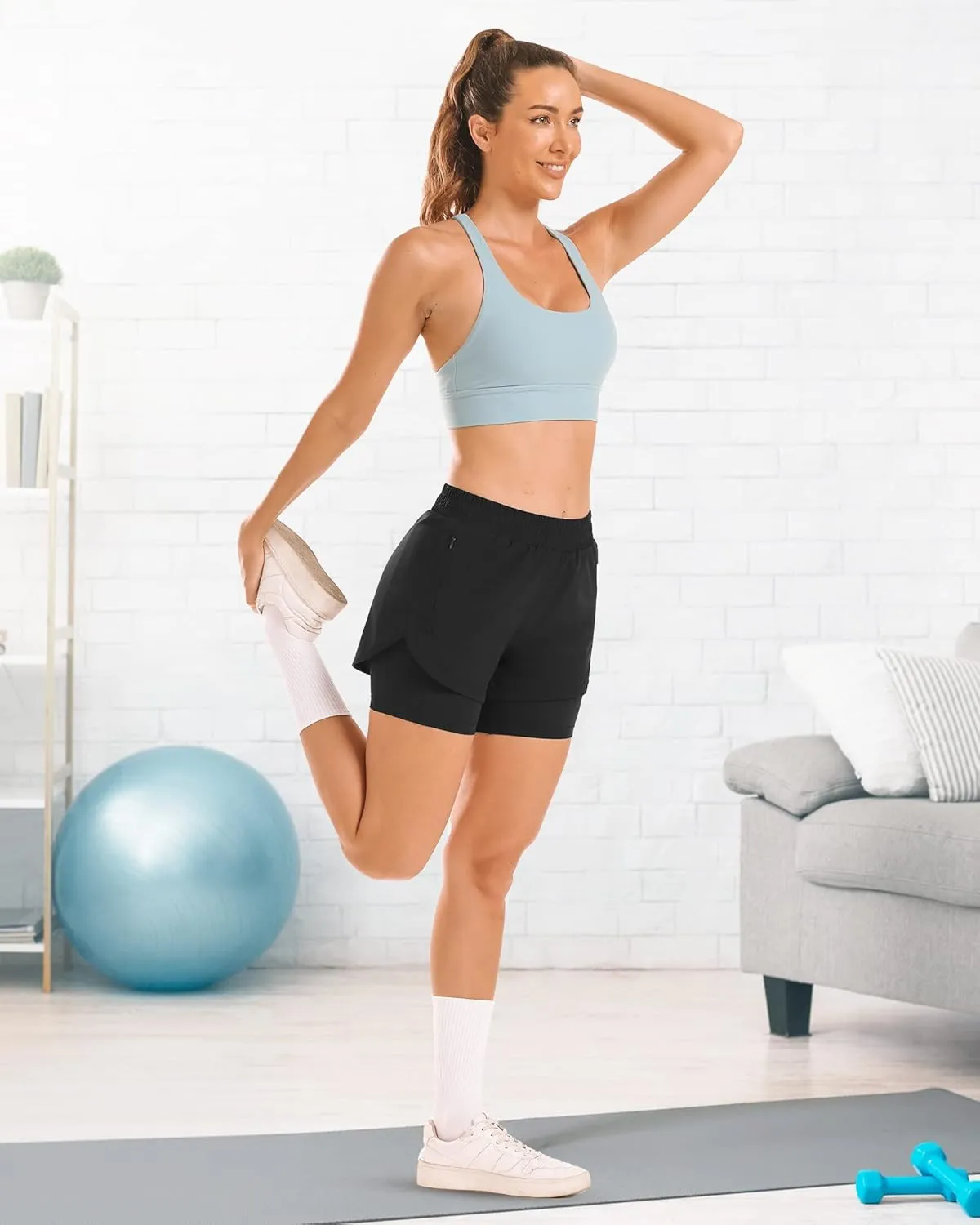 Stelle Women 2 in 1 Running Shorts High Waisted Athletic Shorts Gym Workout Shorts with Liner Zipper Pockets