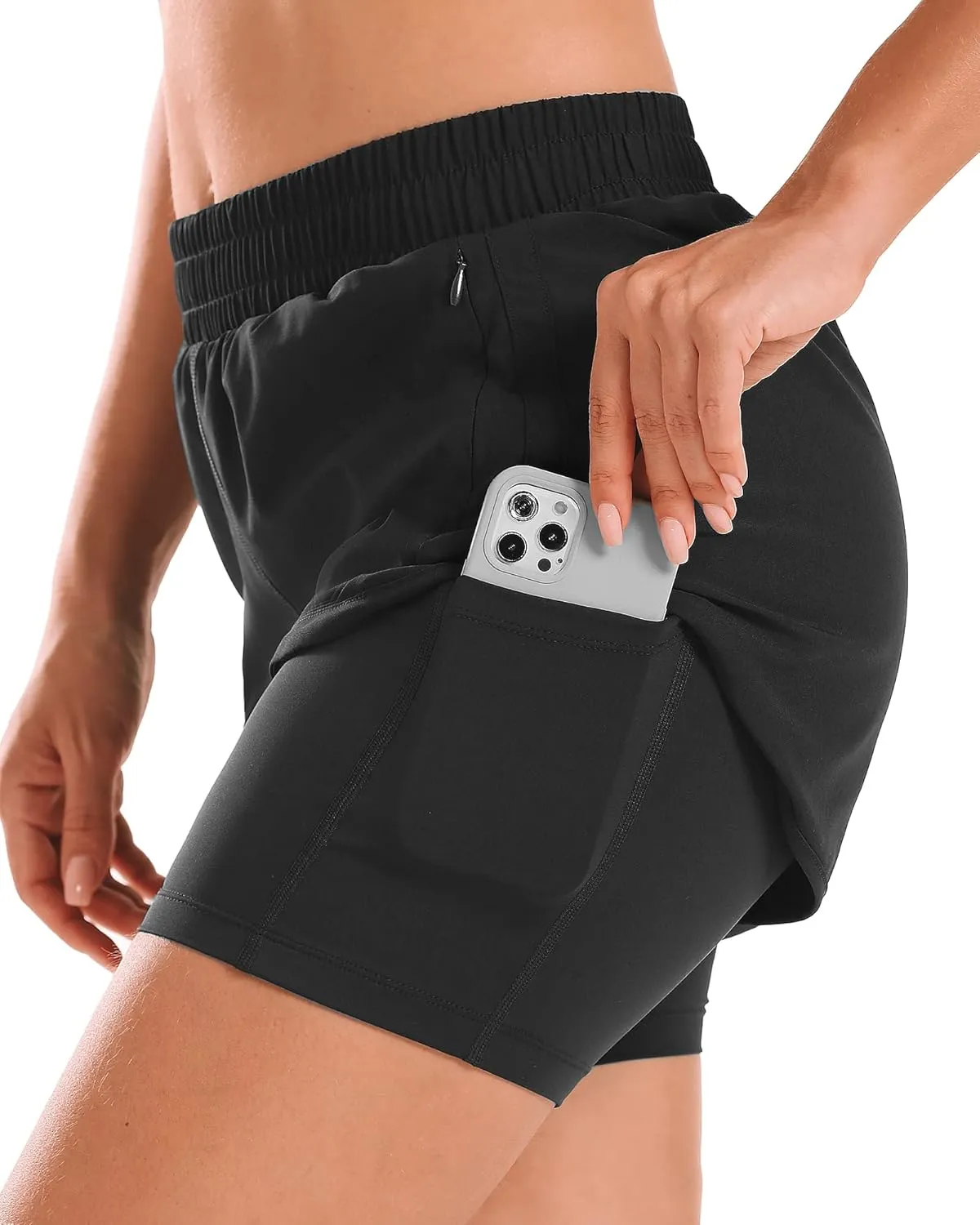Stelle Women 2 in 1 Running Shorts High Waisted Athletic Shorts Gym Workout Shorts with Liner Zipper Pockets