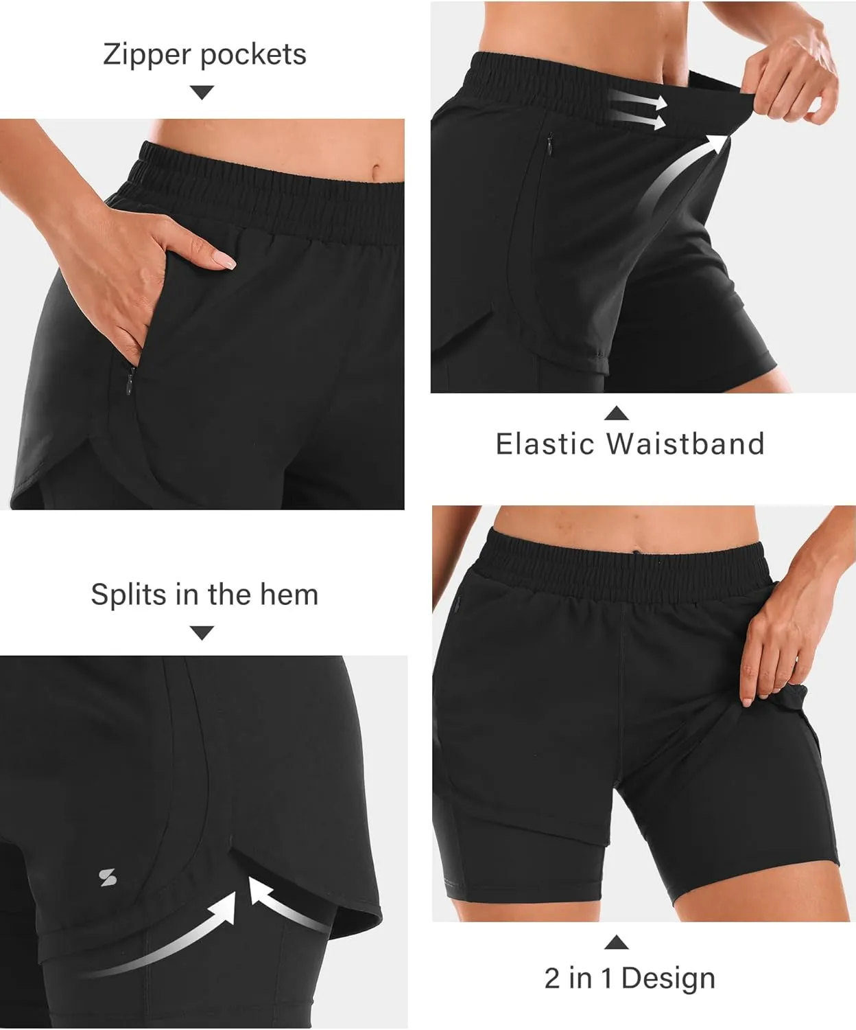 Stelle Women 2 in 1 Running Shorts High Waisted Athletic Shorts Gym Workout Shorts with Liner Zipper Pockets