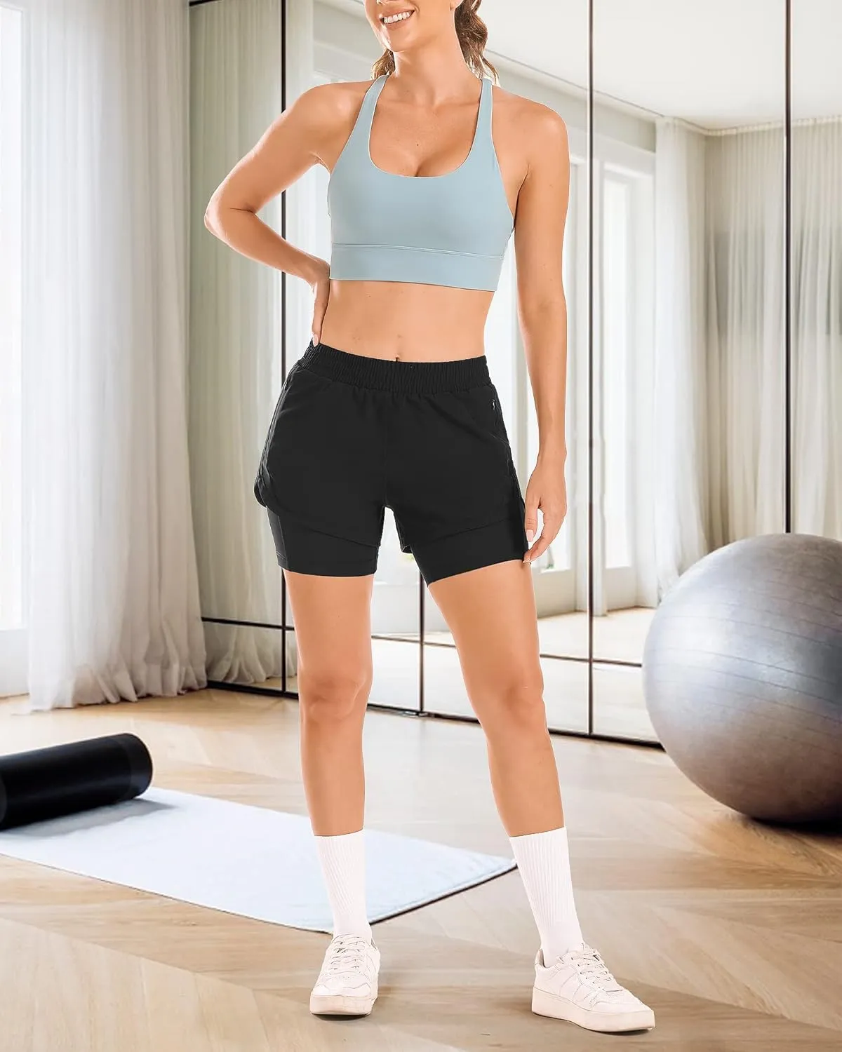 Stelle Women 2 in 1 Running Shorts High Waisted Athletic Shorts Gym Workout Shorts with Liner Zipper Pockets