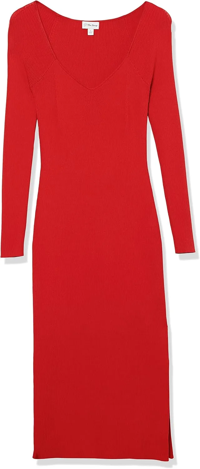 The Drop Women's Cameron Ribbed Sweetheart Neckline Midi Sweater Dress