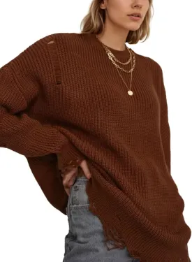 TIAFORD Womens Ripped Mini Sweater Dress Crewneck Baggy Long Sleeve Pullover Knit Dress Boyfriend Oversized Sweater
