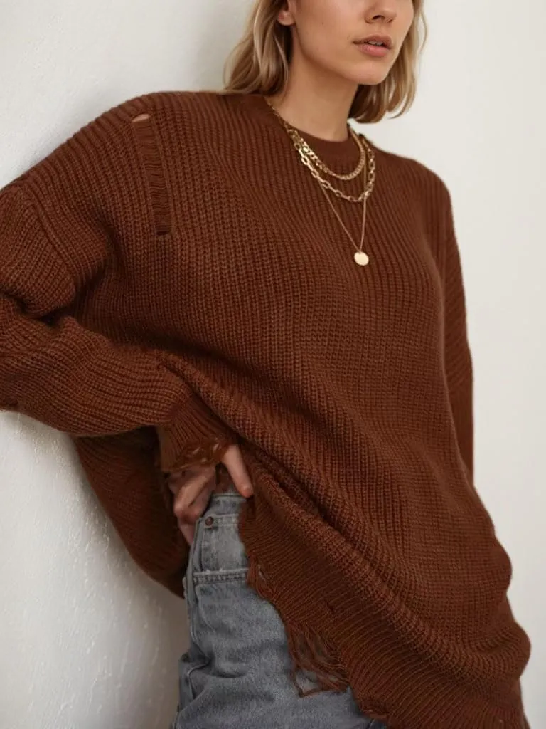 TIAFORD Womens Ripped Mini Sweater Dress Crewneck Baggy Long Sleeve Pullover Knit Dress Boyfriend Oversized Sweater