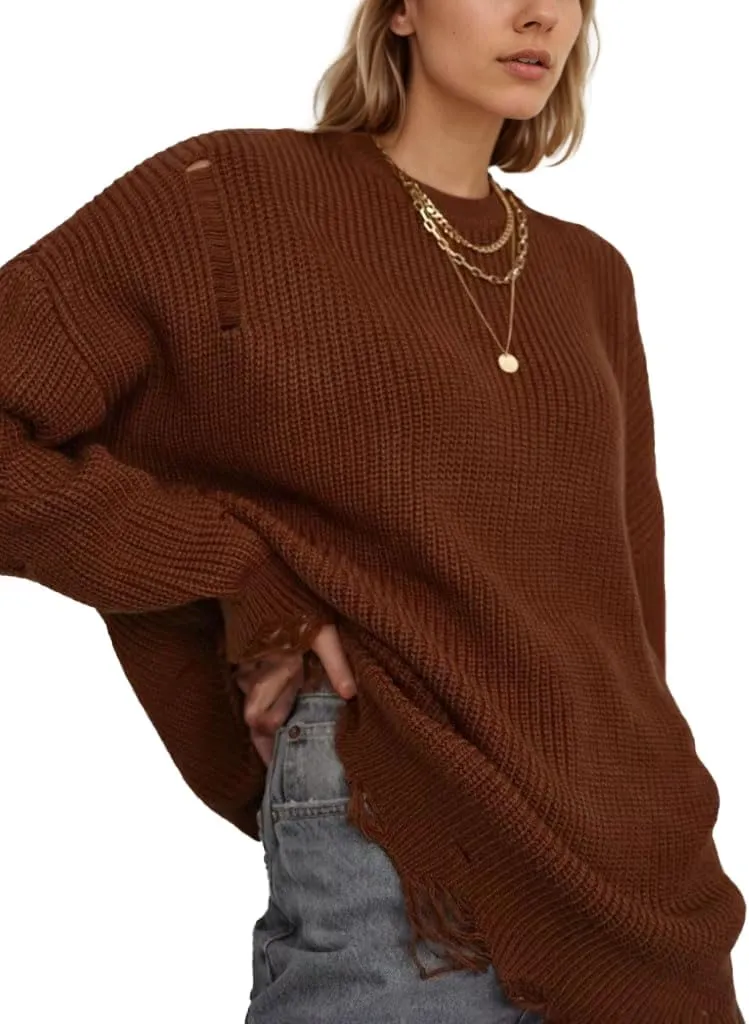 TIAFORD Womens Ripped Mini Sweater Dress Crewneck Baggy Long Sleeve Pullover Knit Dress Boyfriend Oversized Sweater