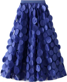 Tulle Midi Skirt Women Elastic Waist 3D Polka Dot Ruffle Skirt Mesh Layered Tutu Long A-Line Party Skirt