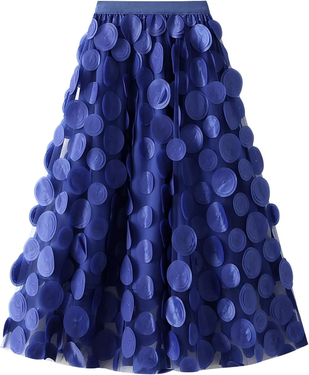 Tulle Midi Skirt Women Elastic Waist 3D Polka Dot Ruffle Skirt Mesh Layered Tutu Long A-Line Party Skirt