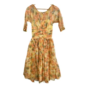 Unbranded Vintage 1950s Chiffon Half Sleeve Summer Dress Orange Multi Floral Print XS UK Size 6-8