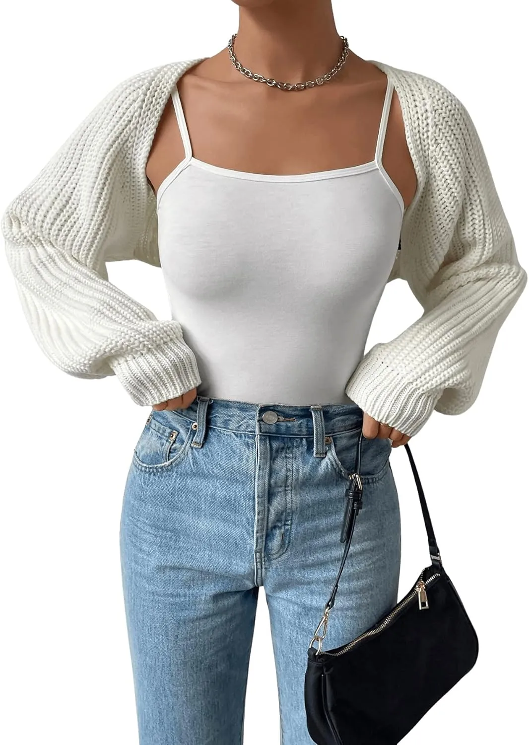 Verdusa Women's Long Sleeve Open Front Knitted Crop Cardigan Sweater Shrug