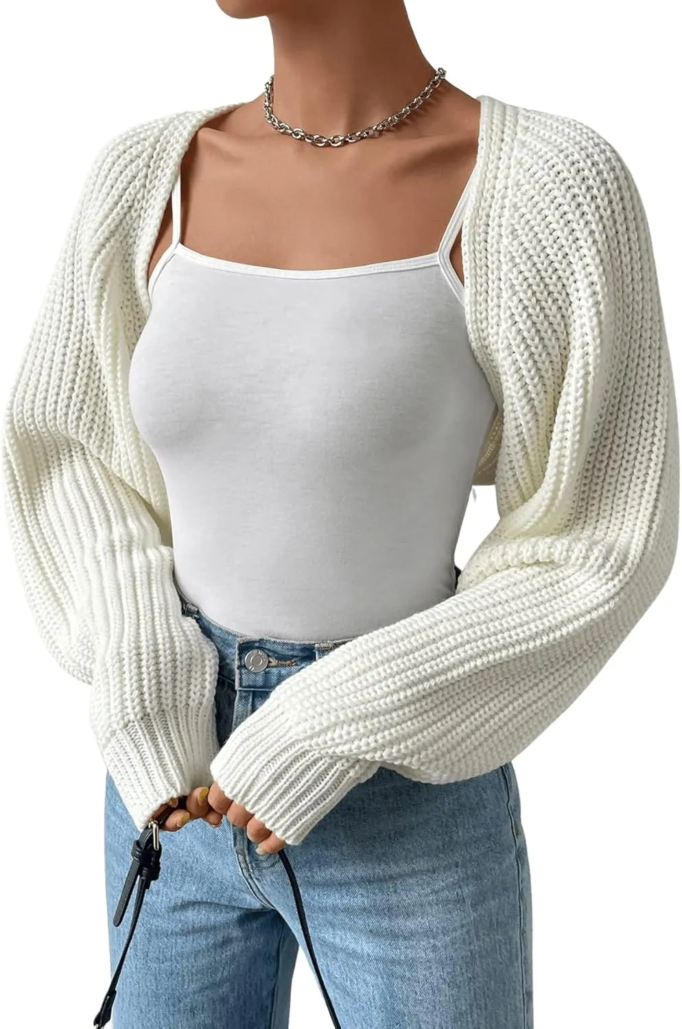 Verdusa Women's Long Sleeve Open Front Knitted Crop Cardigan Sweater Shrug