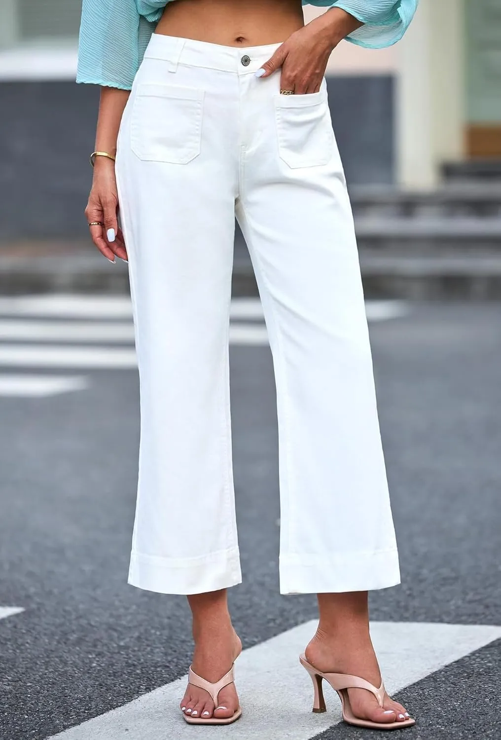 Wide Leg Jeans for Women Trendy High Waisted Flare Jeans Cropped Denim Pants Stretchy Baggy with Patch Pockets