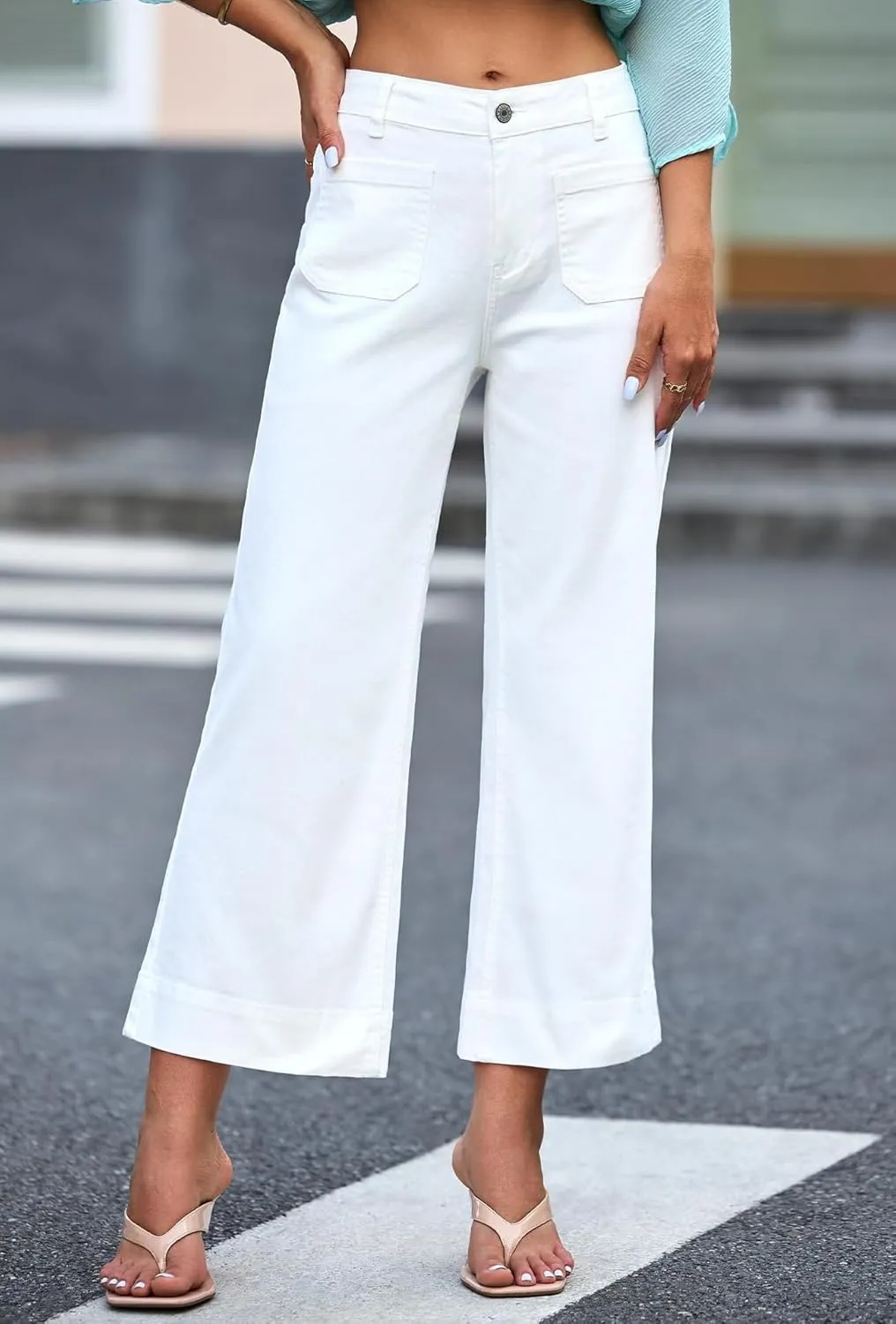 Wide Leg Jeans for Women Trendy High Waisted Flare Jeans Cropped Denim Pants Stretchy Baggy with Patch Pockets