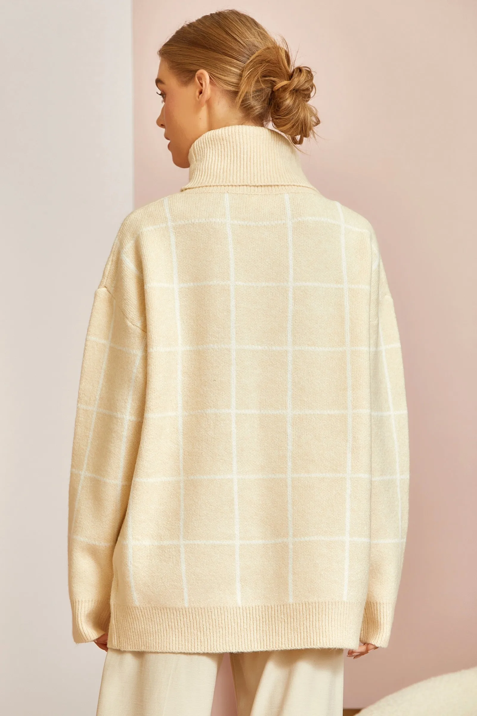 Windowpane Ivory Turtleneck Sweater
