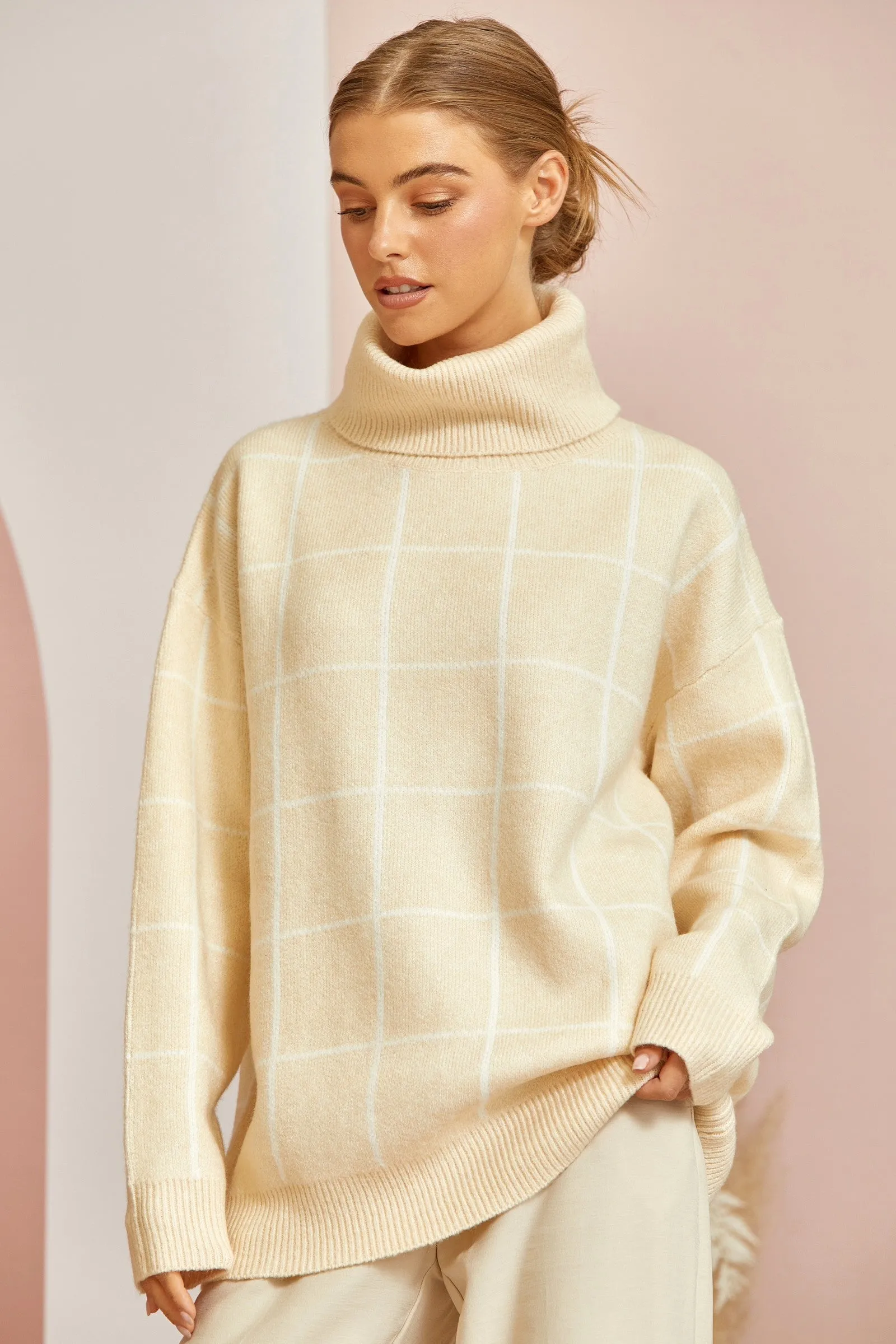 Windowpane Ivory Turtleneck Sweater