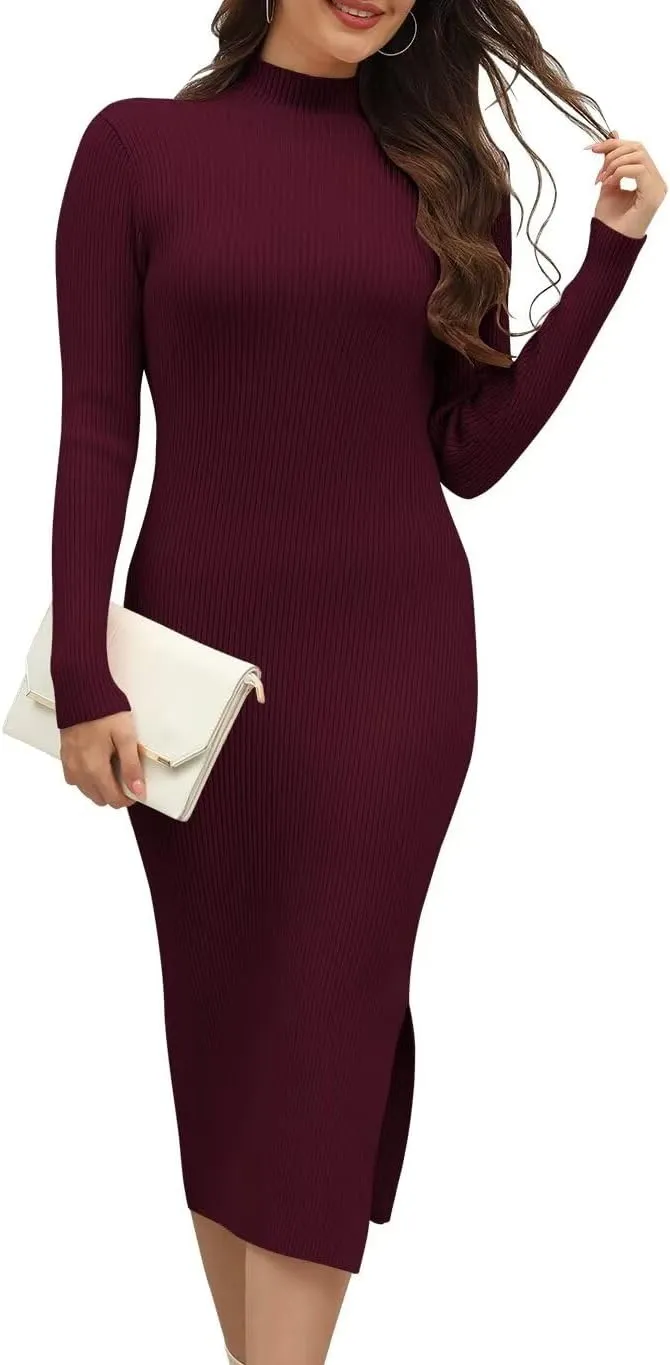 Wkior Women Long Sleeve Sweater Dresses Turtleneck Basic Ribbed Slim Fit Casual Bodycon 2025 Trendy Midi Dress(S-2XL)