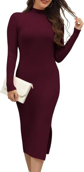 Wkior Women Long Sleeve Sweater Dresses Turtleneck Basic Ribbed Slim Fit Casual Bodycon 2025 Trendy Midi Dress(S-2XL)