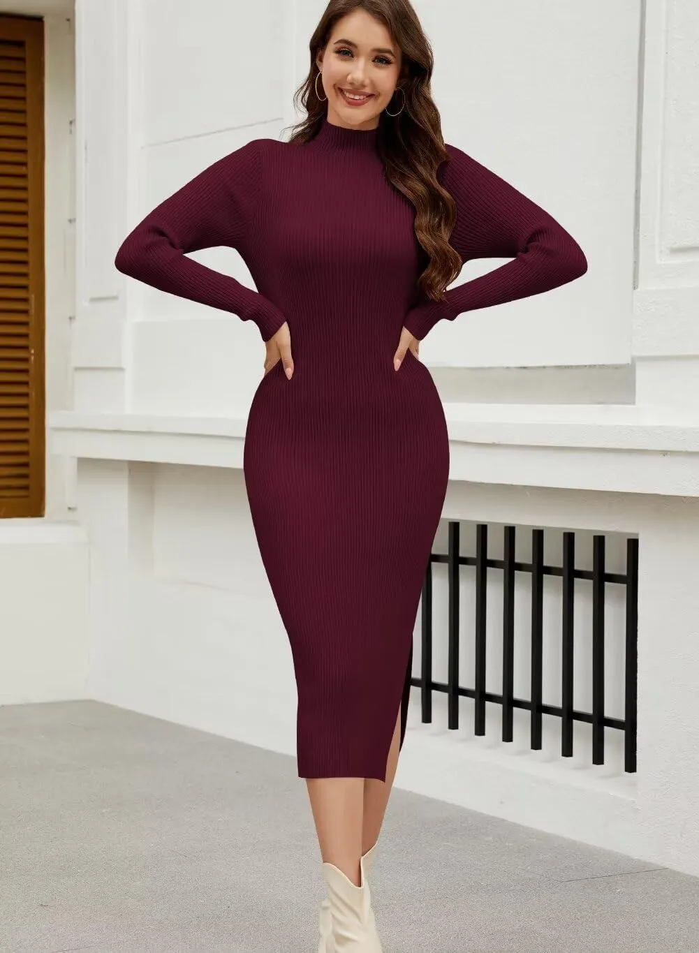 Wkior Women Long Sleeve Sweater Dresses Turtleneck Basic Ribbed Slim Fit Casual Bodycon 2025 Trendy Midi Dress(S-2XL)