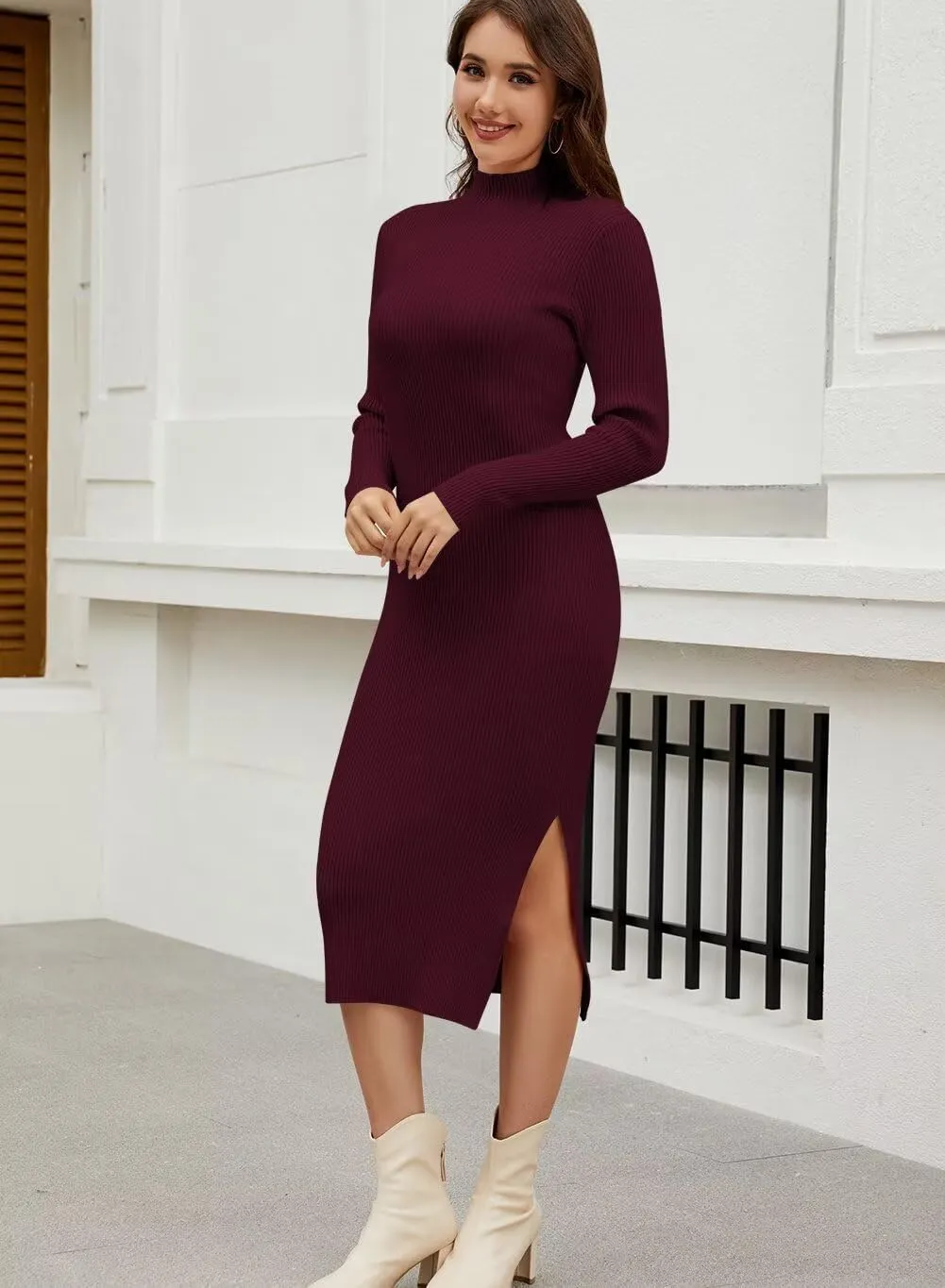 Wkior Women Long Sleeve Sweater Dresses Turtleneck Basic Ribbed Slim Fit Casual Bodycon 2025 Trendy Midi Dress(S-2XL)