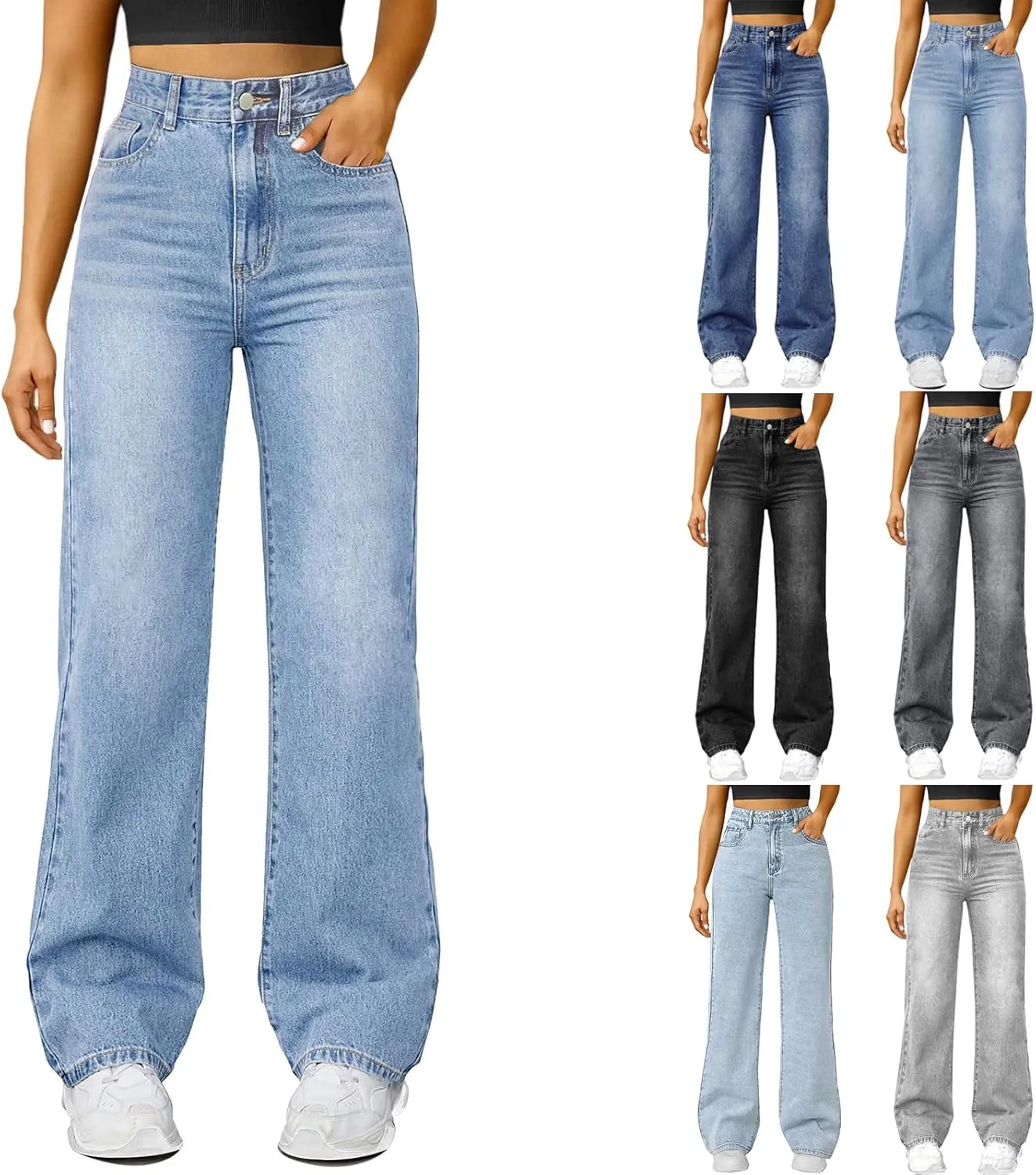 Woman Wide Leg Jeans High Waisted Baggy Jeans Boyfriend Jean Elastic Waist Stretchy Jean Straight Leg Denim Pants