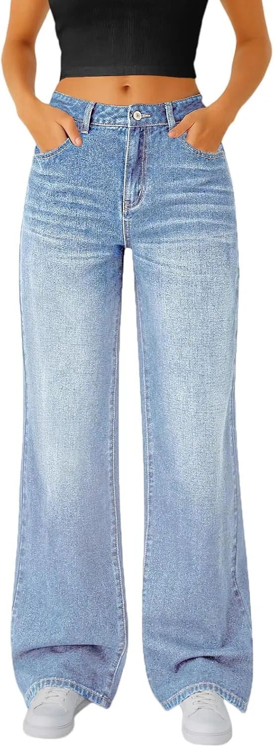 Woman Wide Leg Jeans High Waisted Baggy Jeans Boyfriend Jean Elastic Waist Stretchy Jean Straight Leg Denim Pants