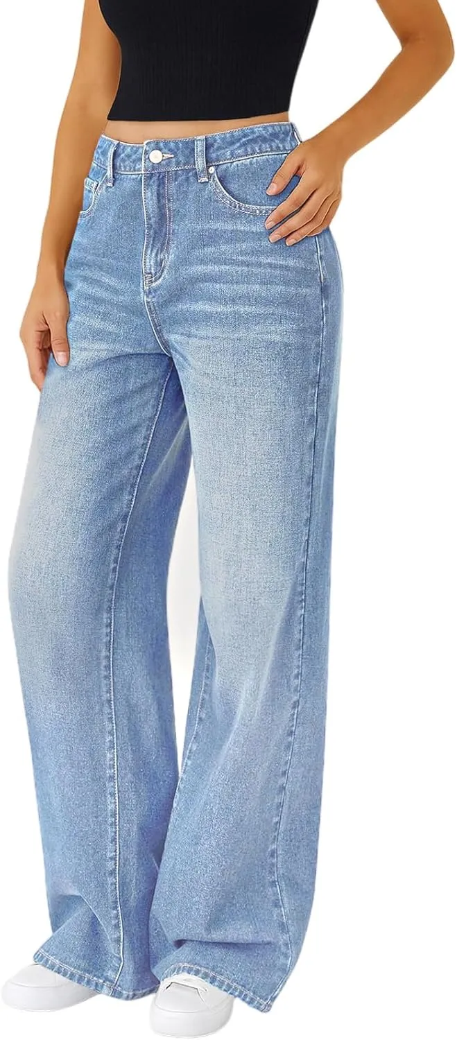 Woman Wide Leg Jeans High Waisted Baggy Jeans Boyfriend Jean Elastic Waist Stretchy Jean Straight Leg Denim Pants