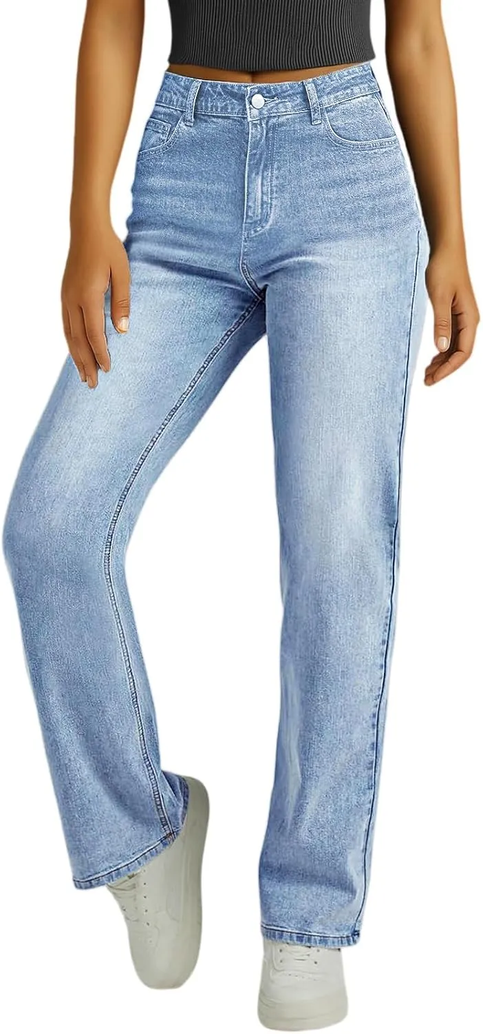 Woman Wide Leg Jeans High Waisted Baggy Jeans Boyfriend Jean Elastic Waist Stretchy Jean Straight Leg Denim Pants