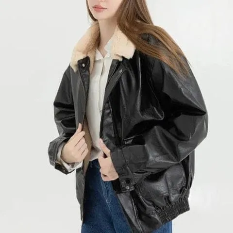 Women 90s Oversize Bomber Fur Lined Fur Collor Genuine Leather Retro Jacket
