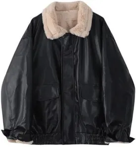 Women 90s Oversize Bomber Fur Lined Fur Collor Genuine Leather Retro Jacket