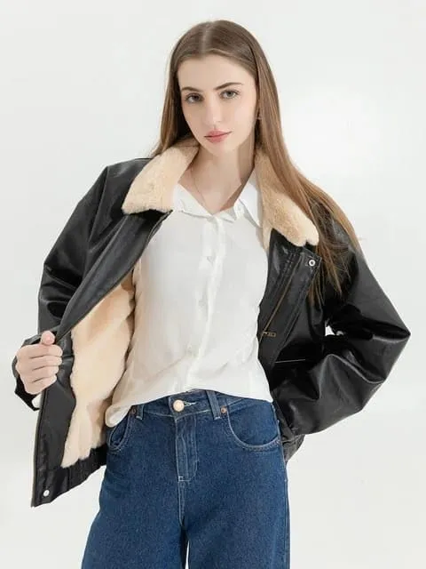 Women 90s Oversize Bomber Fur Lined Fur Collor Genuine Leather Retro Jacket