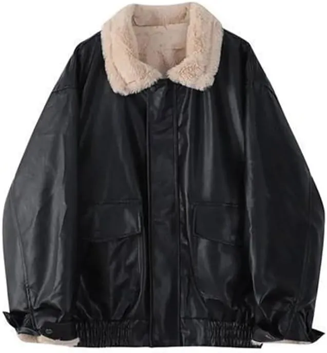 Women 90s Oversize Bomber Fur Lined Fur Collor Genuine Leather Retro Jacket