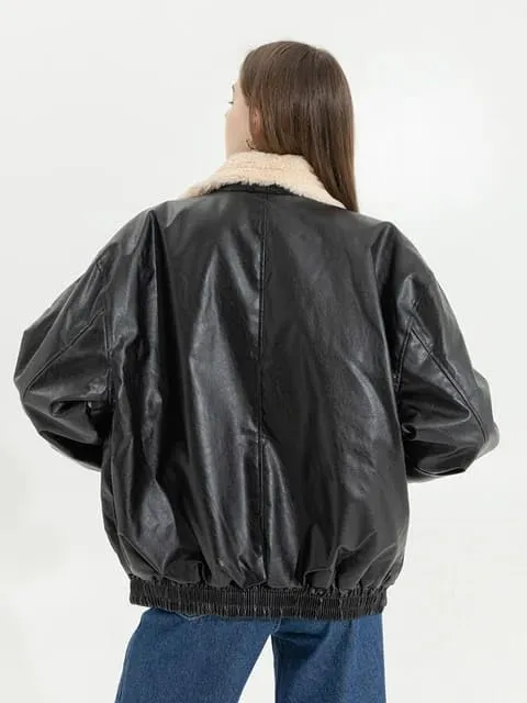 Women 90s Oversize Bomber Fur Lined Fur Collor Genuine Leather Retro Jacket